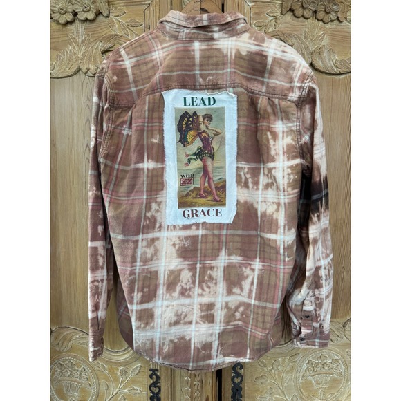 Upcycled Flannel Lead With Grace Fairy Patch Bleach Dye Boho Shirt Medium - Picture 5 of 7
